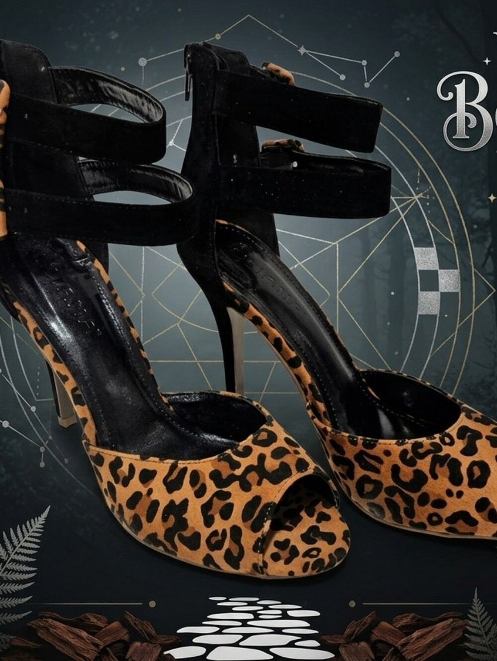 LILIANA Leopard & Black Buckle Ankle Strap Peep-Toe Stiletto Heels (Size 7.5) - Picture 14 of 15